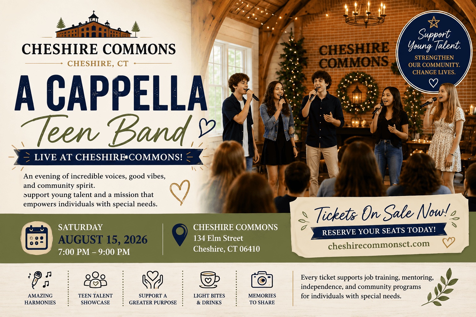 A teen a cappella group singing on stage at Cheshire Commons