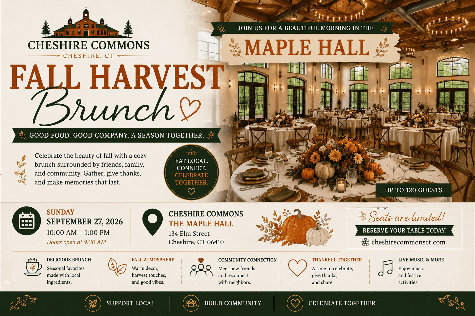 A cozy fall table setting with pumpkins and candles for the Fall Harvest Brunch