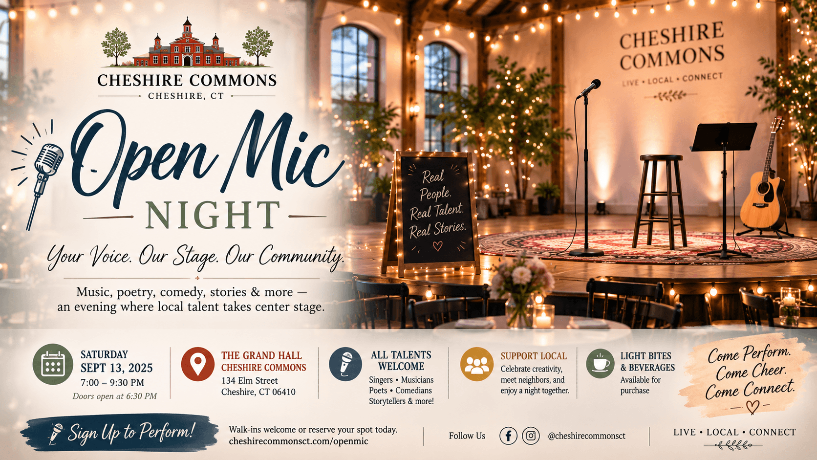 A performer at the microphone on Cheshire Commons' stage during open mic night