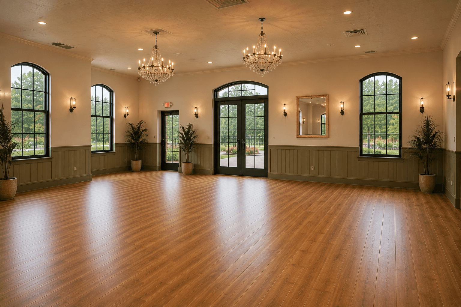 Garden Hall with crystal chandeliers and glass doors opening to the patio