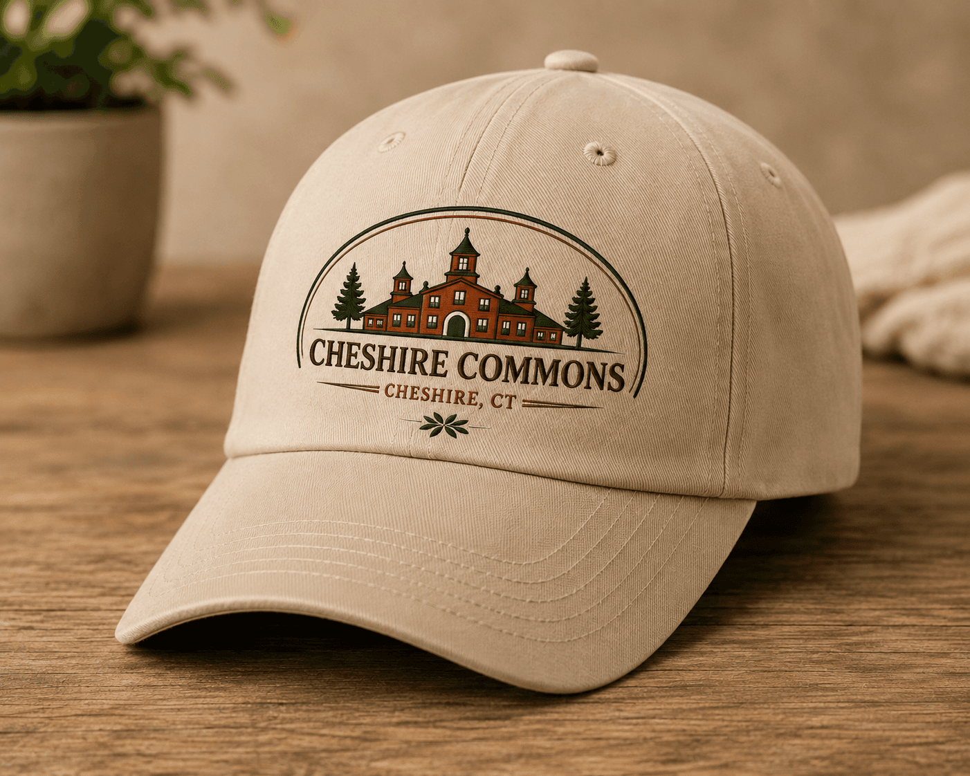 Khaki baseball cap embroidered with the Cheshire Commons crest