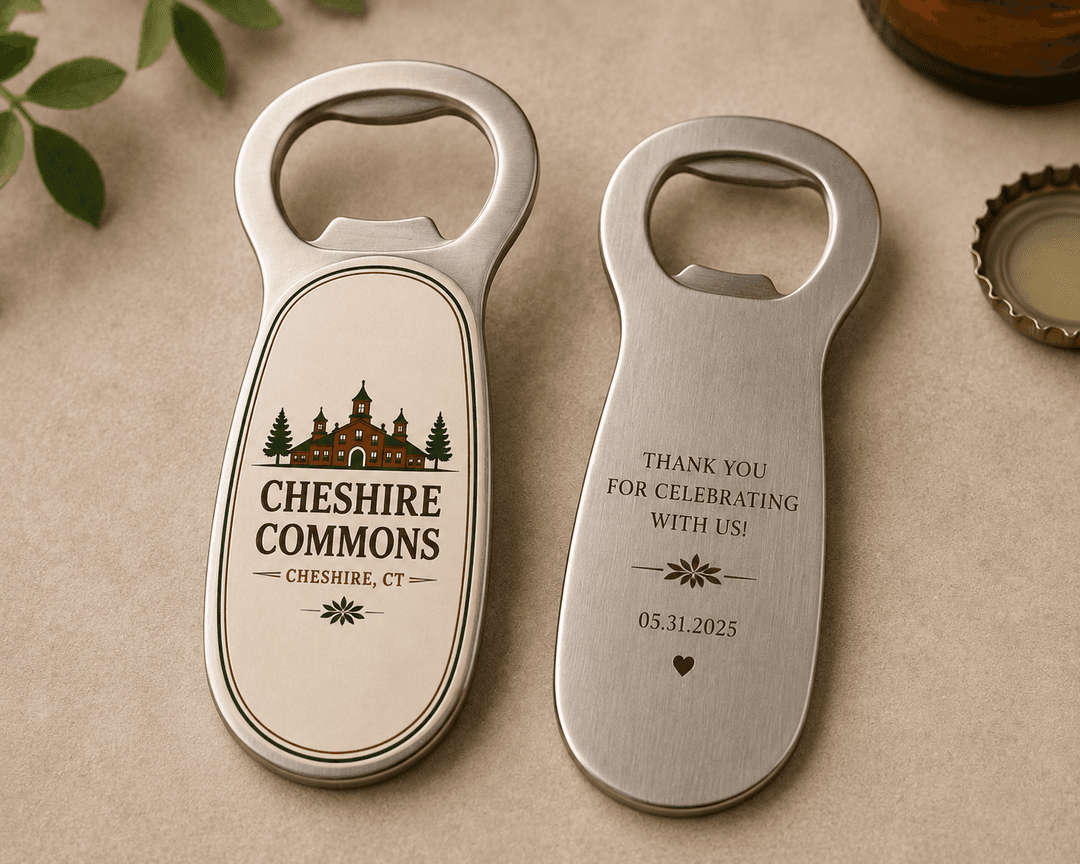 Stainless steel bottle opener engraved with the Cheshire Commons crest