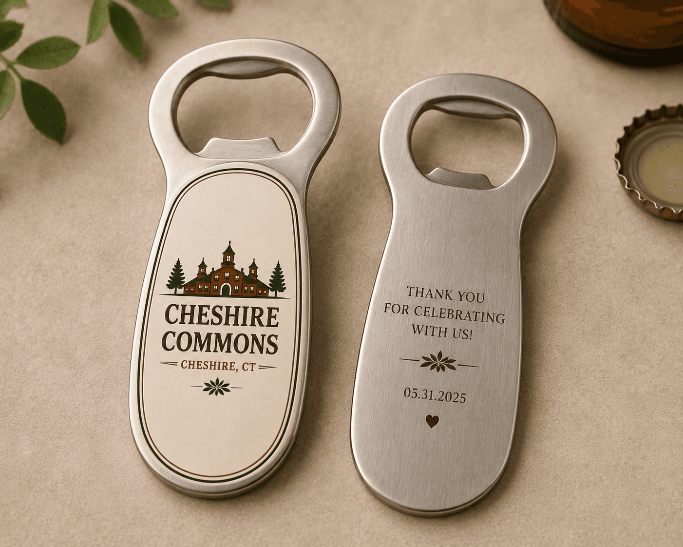Stainless steel bottle opener engraved with the Cheshire Commons crest