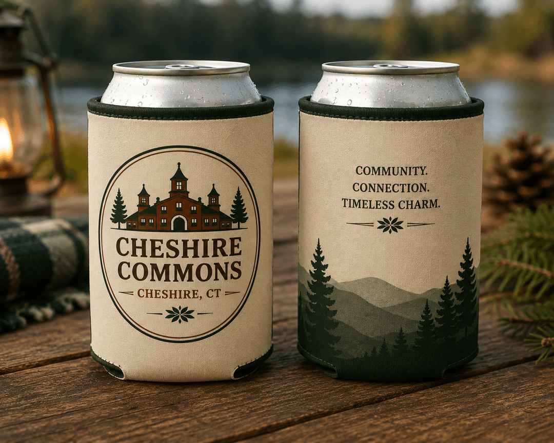 Neoprene can koozie printed with the Cheshire Commons crest