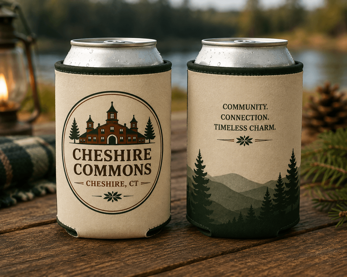 Neoprene can koozie printed with the Cheshire Commons crest