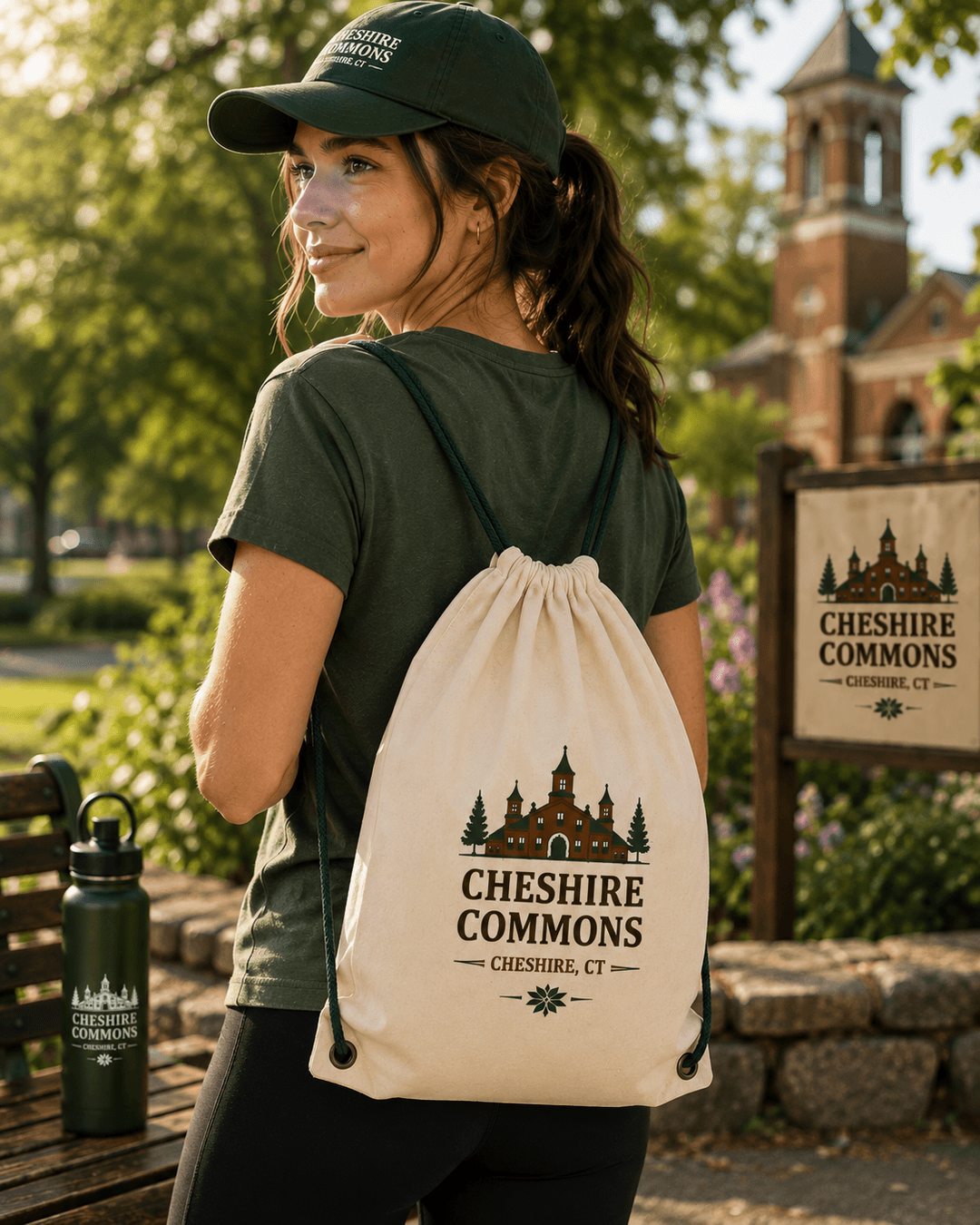 Model wearing an ivory cinch sack backpack printed with the Cheshire Commons crest