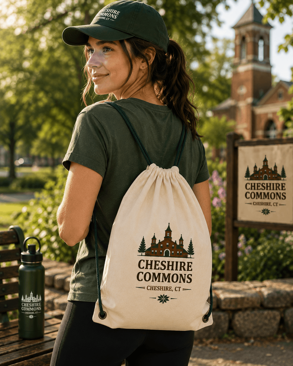 Model wearing an ivory cinch sack backpack printed with the Cheshire Commons crest