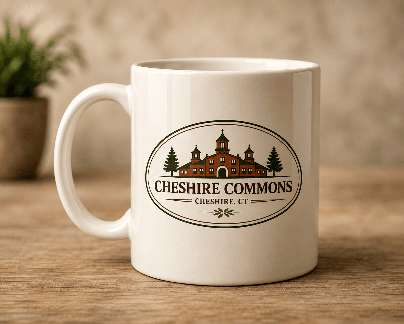 White ceramic mug printed with the Cheshire Commons building crest
