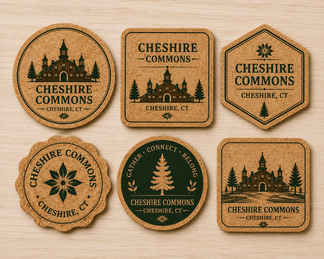 Set of six cork coasters in assorted shapes with Cheshire Commons designs