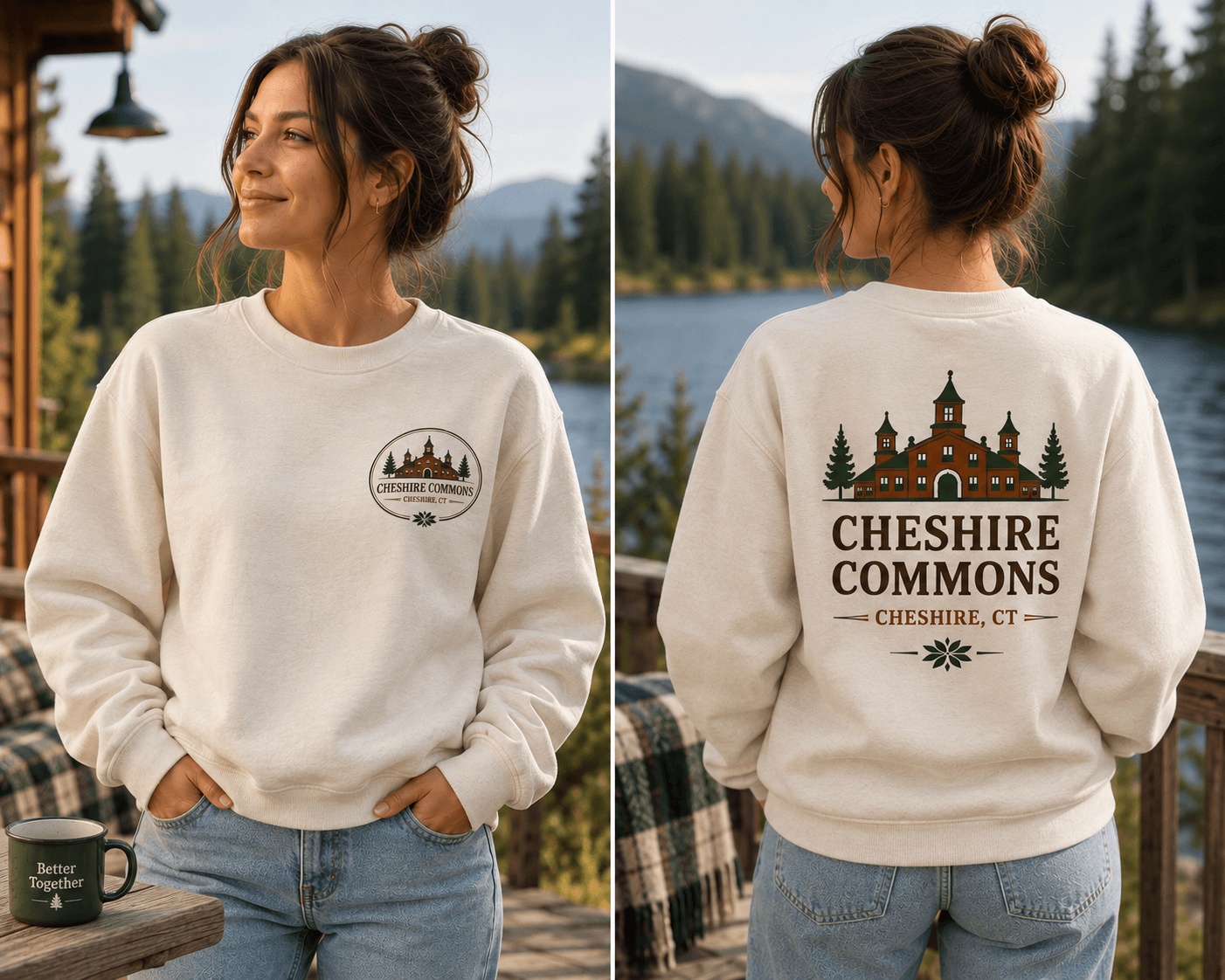 Model wearing an ivory crewneck sweatshirt with a Cheshire Commons crest and full back print