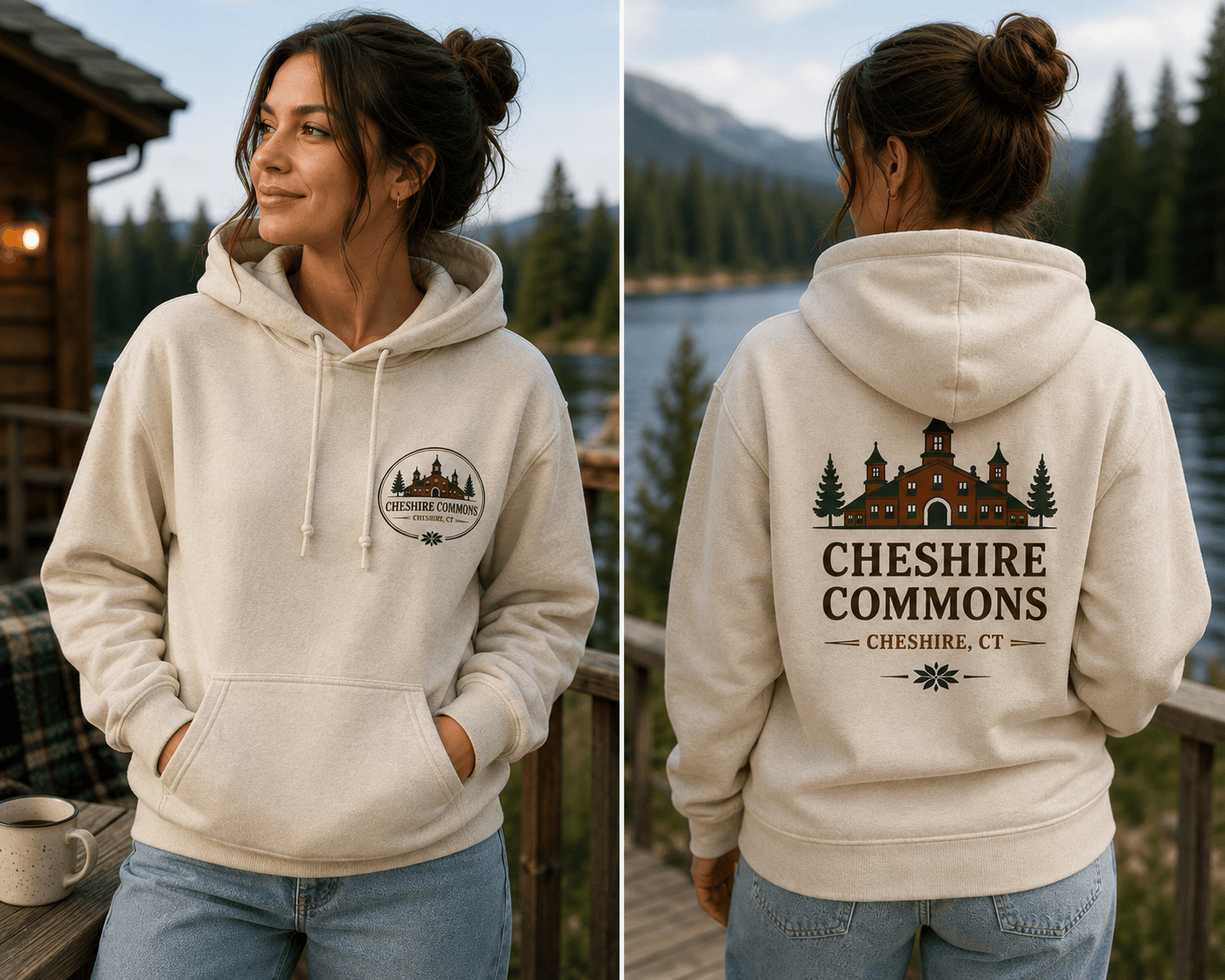 Model wearing an ivory fleece hoodie with a Cheshire Commons crest and full back print