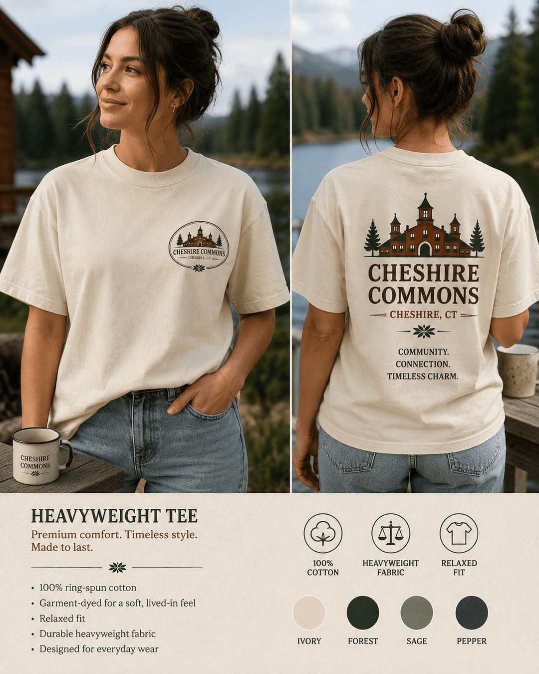 Model wearing an ivory heavyweight tee with a Cheshire Commons crest and full back print