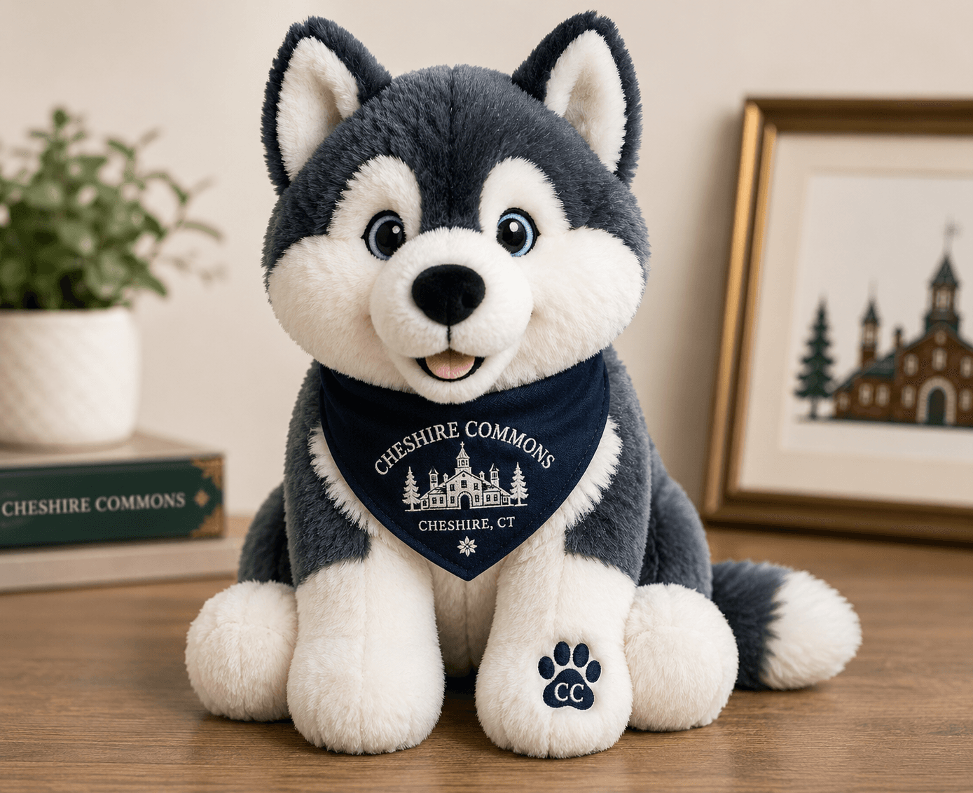Plush husky dog toy wearing a Cheshire Commons bandana