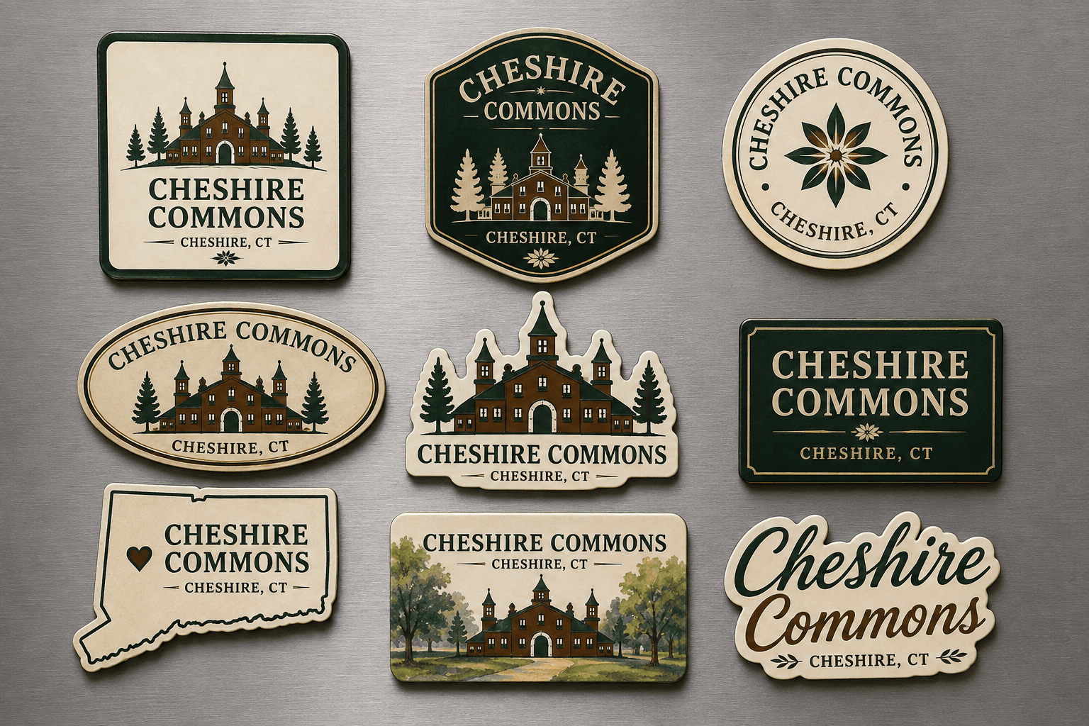 Set of Cheshire Commons magnets in assorted shapes on a fridge
