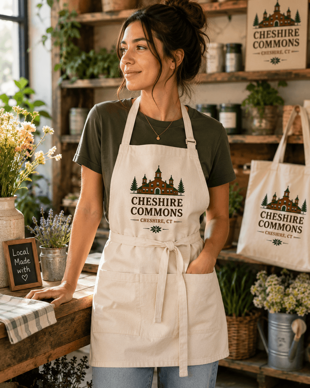 Model wearing an ivory shop apron with the Cheshire Commons crest, front pockets visible