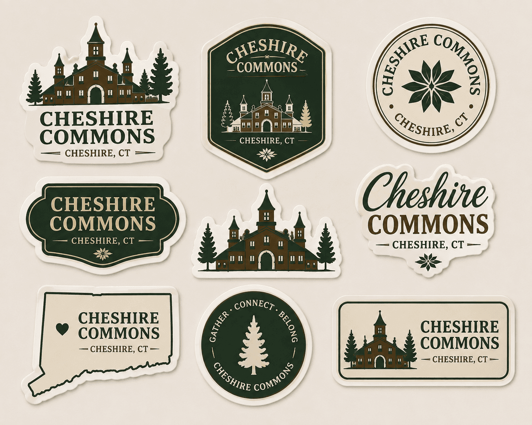 Assorted die-cut Cheshire Commons stickers in various shapes and colors