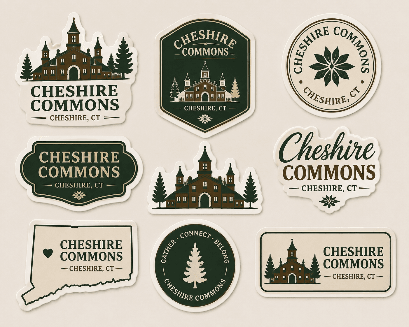 Assorted die-cut Cheshire Commons stickers in various shapes and colors