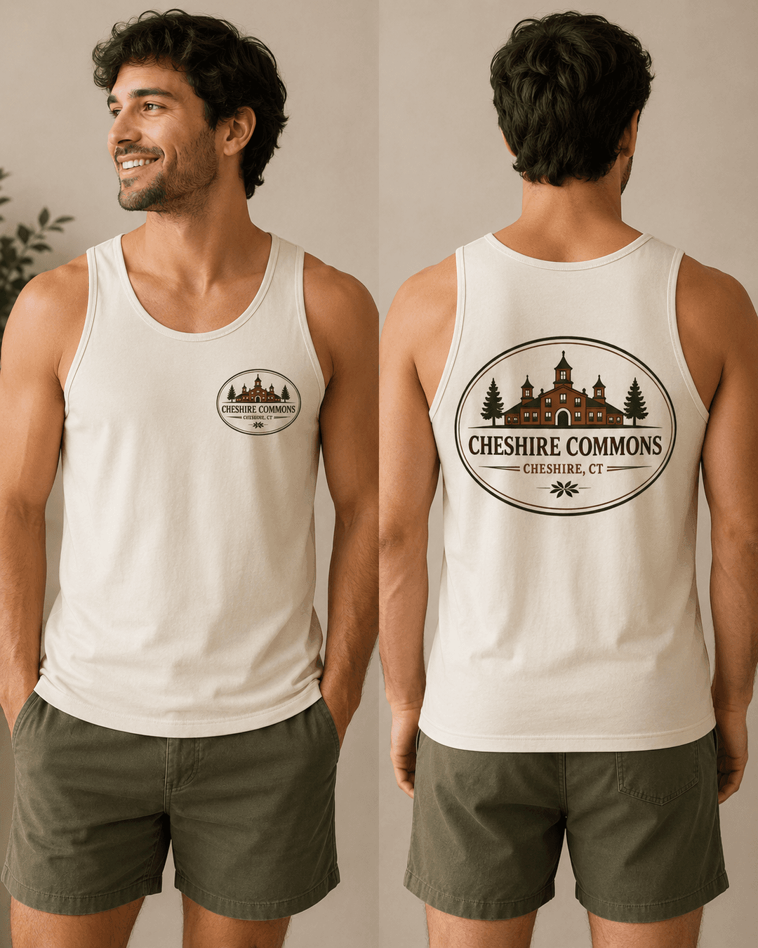 Ivory tank top with a Cheshire Commons chest crest