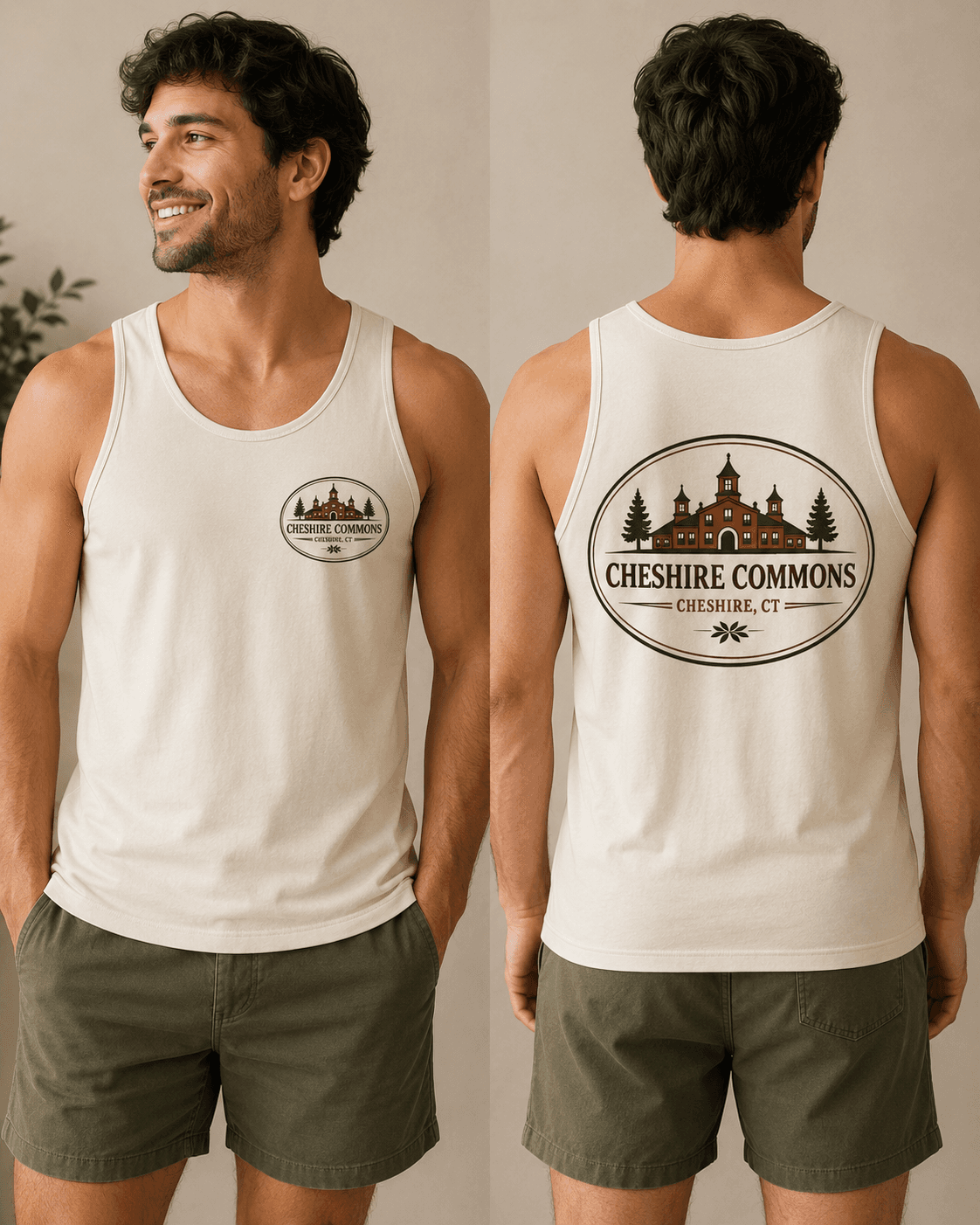 Ivory tank top with a Cheshire Commons chest crest