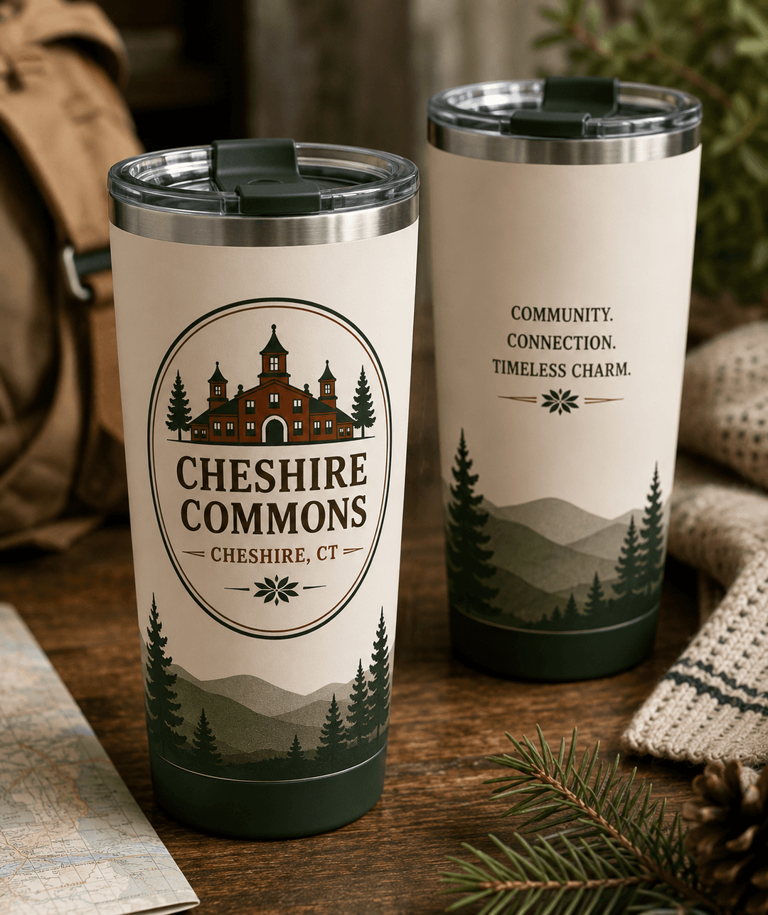 Tall insulated travel tumbler with a Cheshire Commons crest and tree-lined mountain wrap