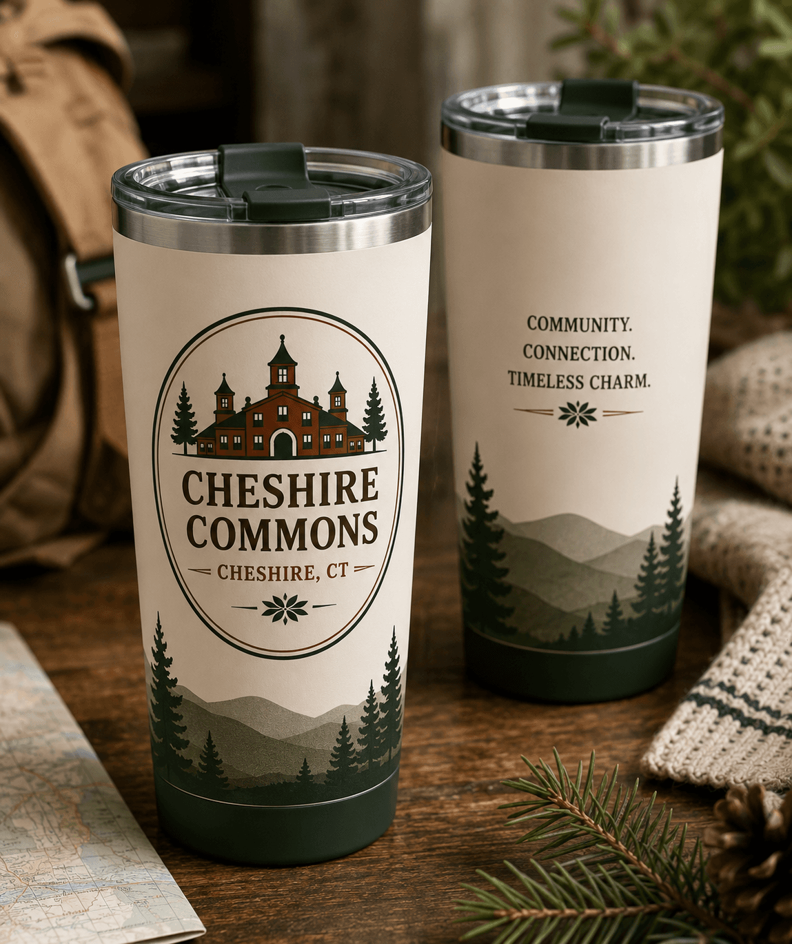 Tall insulated travel tumbler with a Cheshire Commons crest and tree-lined mountain wrap