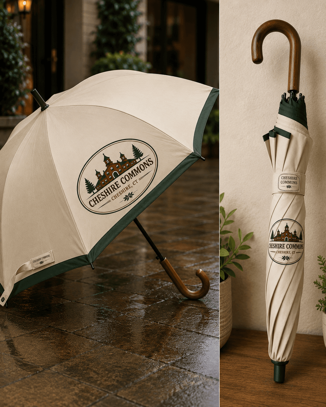 Ivory golf umbrella printed with the Cheshire Commons crest