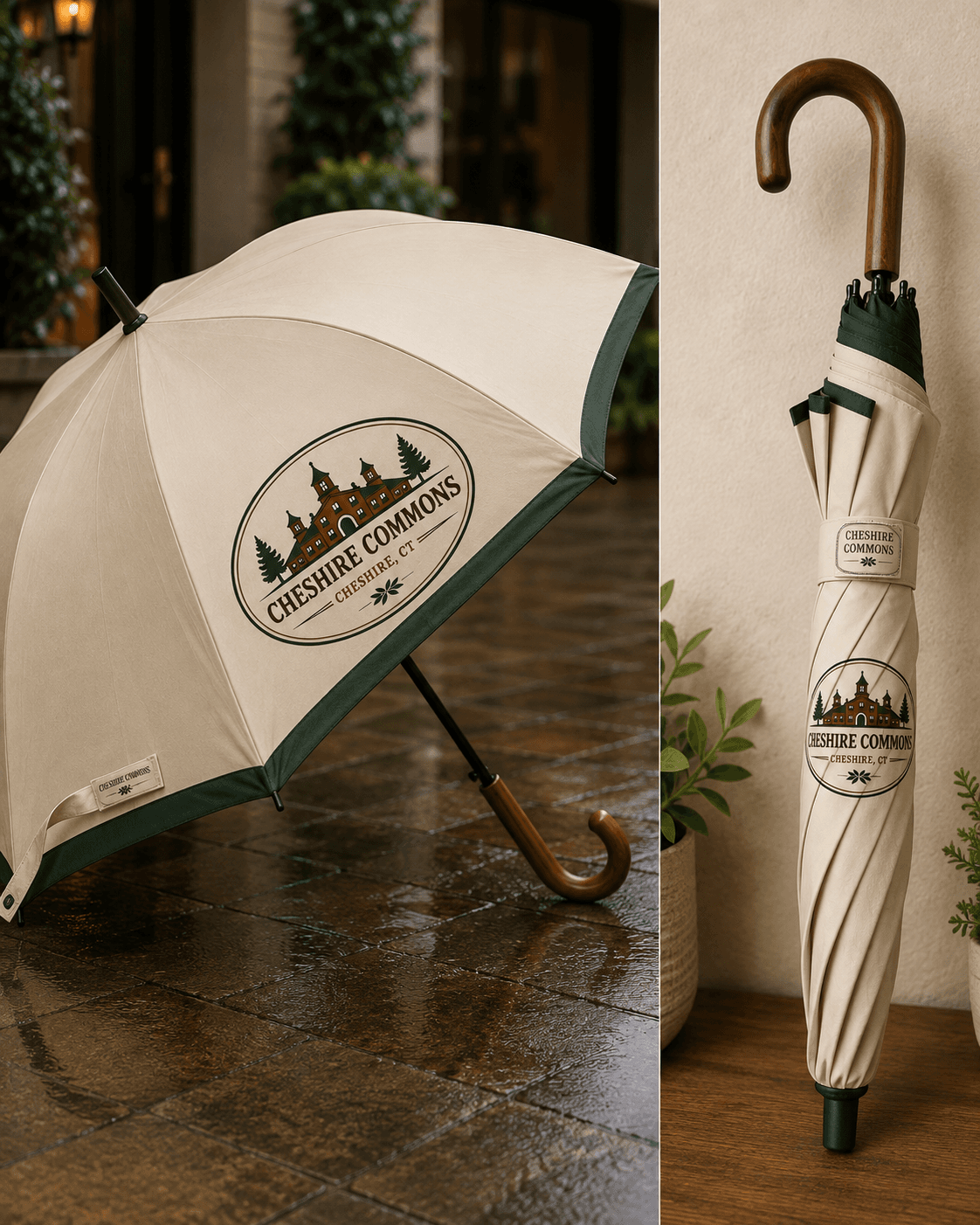 Ivory golf umbrella printed with the Cheshire Commons crest
