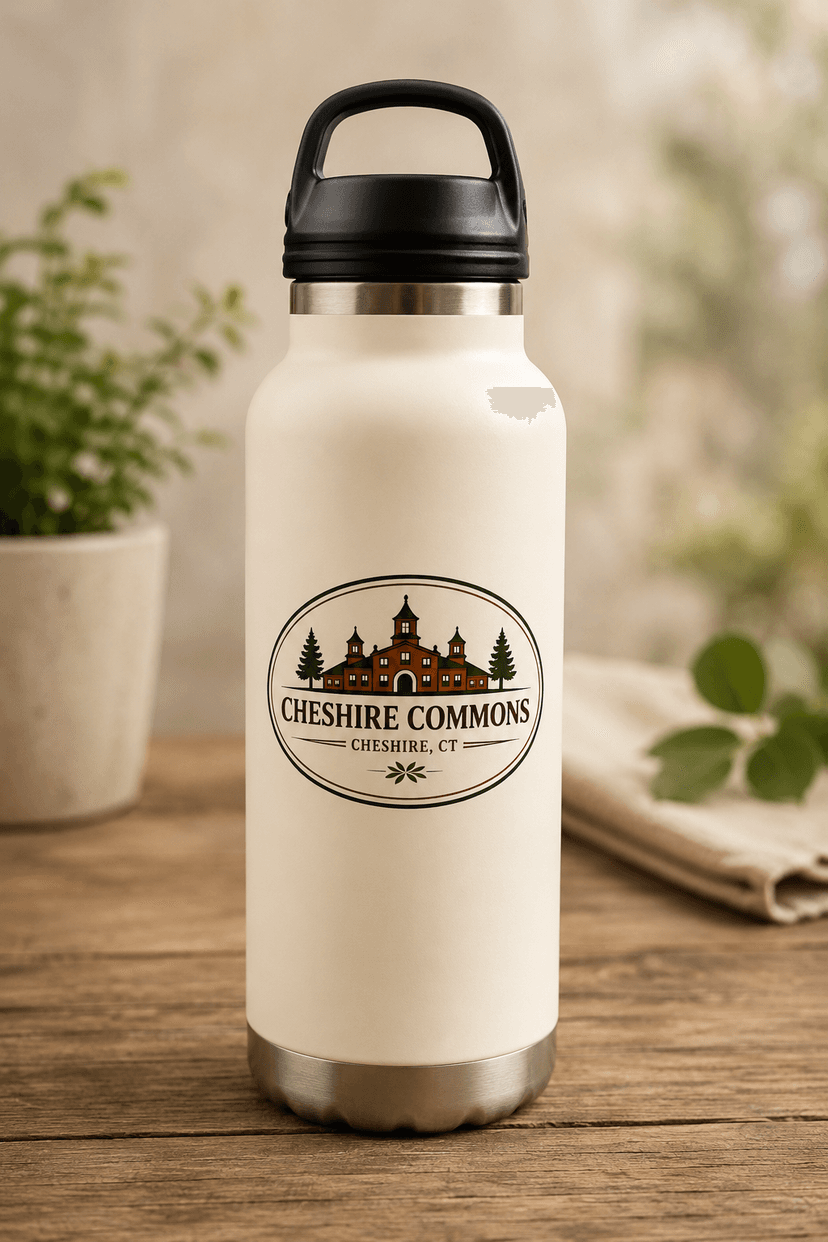 Stainless steel water bottle with a Cheshire Commons crest
